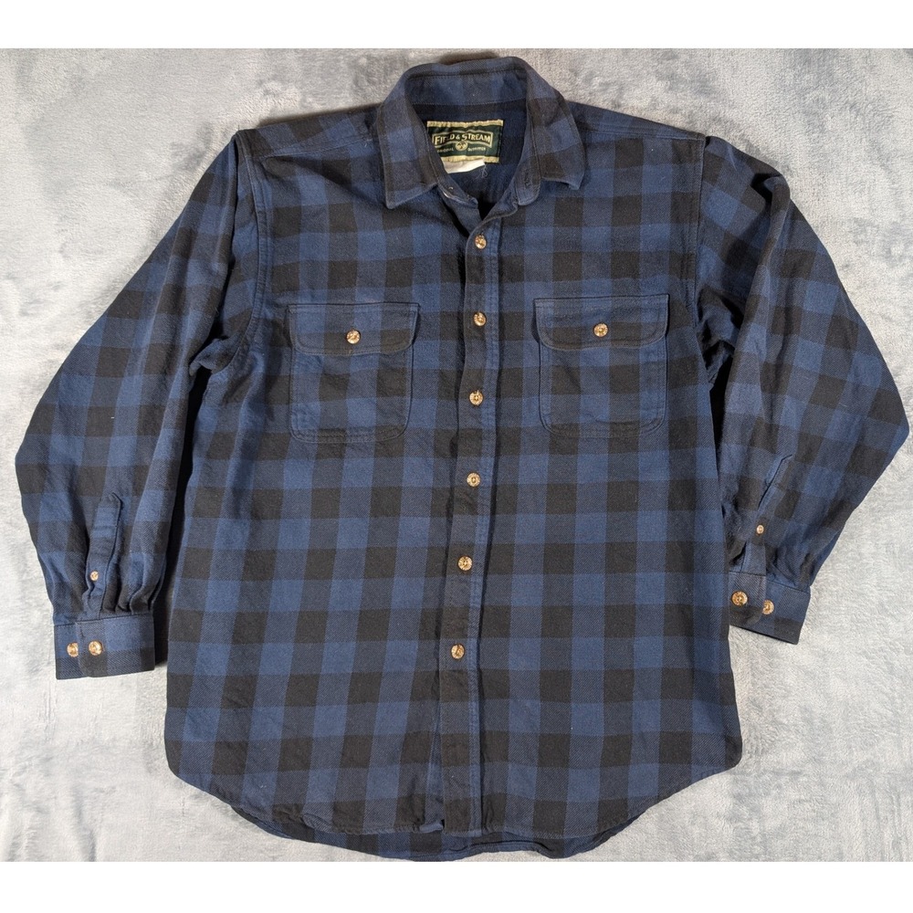 Field & Stream Mens Large Navy Blue Black Buffalo‎ Plaid Flannel Button Down